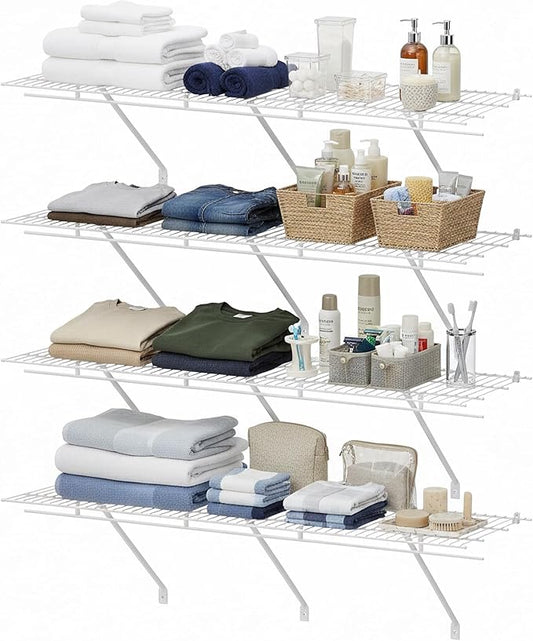HAUSHOF Closet Shelves Wall Mounted 4-Pack, 4ft x 16in White Metal Wire Shelving for Laundry Room, Closet, Basement Organization and Storage