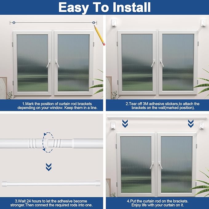 SIMEWIN Curtain Rods No Drilling for Windows 30 to 120 Inches, 5/8 Inch Diameter No Drill Small Curtain Rod Set with 3M Adhesive Brackets, White