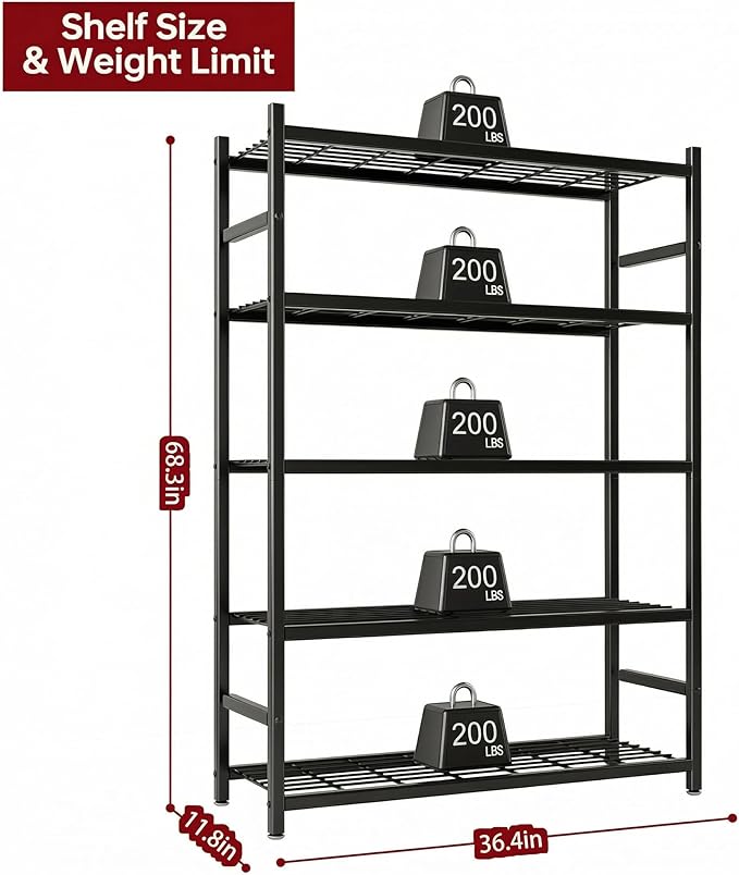 Wide Storage Shelves, 5-Tier Metal Shelving Unit with Adjustable Feet, Compact Shelf Organizer for Garage, Kitchen, Pantry and Closet Organization, 36.4" x 11.8" x 68.3", Black