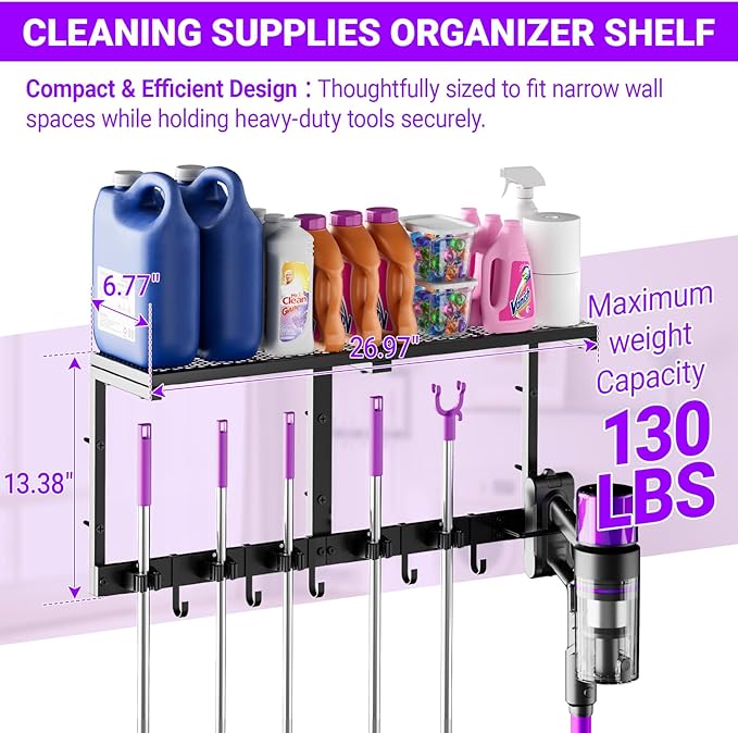 Heavy Duty Broom Holder Wall Mount with Cleaning Supplies Organizer, Space-Saving Laundry Room Organization and Storage Shelves, All-Metal Mop Hanger Broom Rack with Hooks, Garage Organizer Shelf