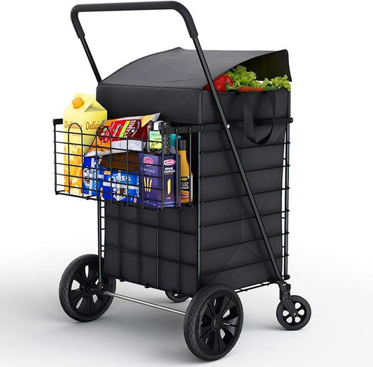 Our Modern Space Shopping Cart w/Waterproof Basket Liner & Large 360° Swivel Wheels | Foldable Collapsible & Lightweight | Perfect for Groceries Laundry Utility Cart - Black