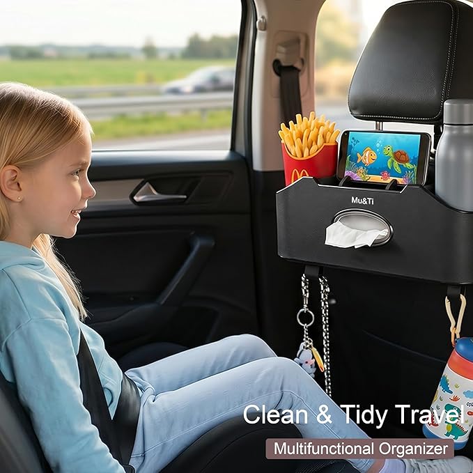 Mu&Ti Back Seat Car Organizer,4+2 in 1 Multifunctional Car Back Seat Storage Box with 2 Cup Holders, Tissue Box and Hook - Ideal for Kids and Travel(Beige)
