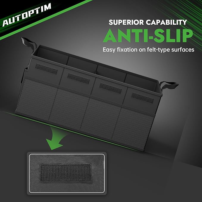 AUTOPTIM Car Trunk Organizer - 65L Collapsible Car Organizer with Non Slip Bottom & Multiple Pockets for Groceries, Trunk Storage with Base Panel for SUV Sedan Van, 2 Compartments (Black, Medium)