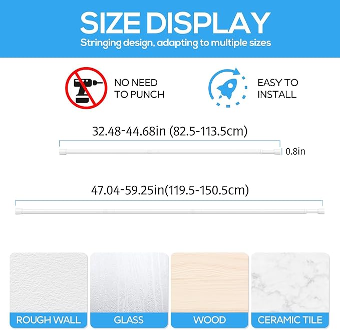 1 Pack Spring Tension Rods 33-59 Inches, 5/8 Inch Diameter White No Drill Spring Loaded Adjustable Extendable, Small Short Tension Curtain Rod for Windows Kitchen Doorway Closet Cupboard