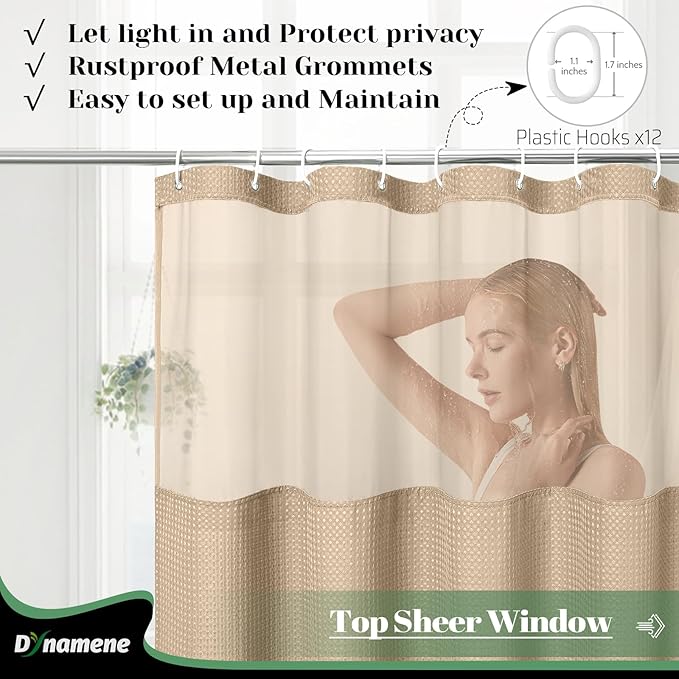 Dynamene Extra Long Shower Curtain, 84 Inch Long Waffle Fabric Shower Curtain for Bathroom, Tall Waterproof Cloth Shower Curtain Liner Set with Hook, Snap in Liner, Mesh Top Window, Beige, 72x84