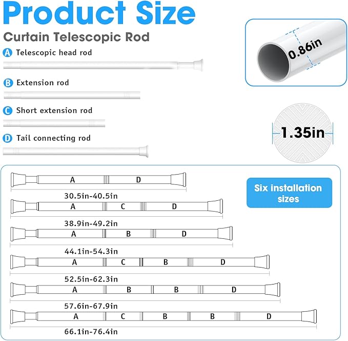 1Pack White Tension Curtain Rods 31 to 76 Inch Small Curtain Rods No Drilling Short Tension Rod Adjustable Spring Rod for Windows Door Closet Pressure Rod