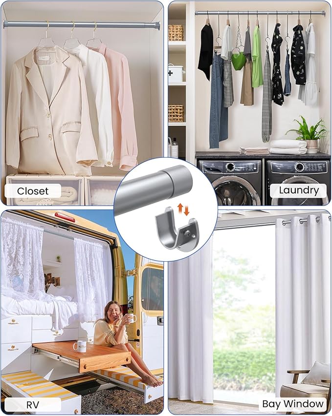 2 Pack Closet Rods for Hanging Clothes, 17 to 28 Inches Stepless Adjustable Metal Closet Rod, 1.3 Inches Heavy Duty Clothes Hanging Rod for Closet Wardrobes Laundry RV, Silver