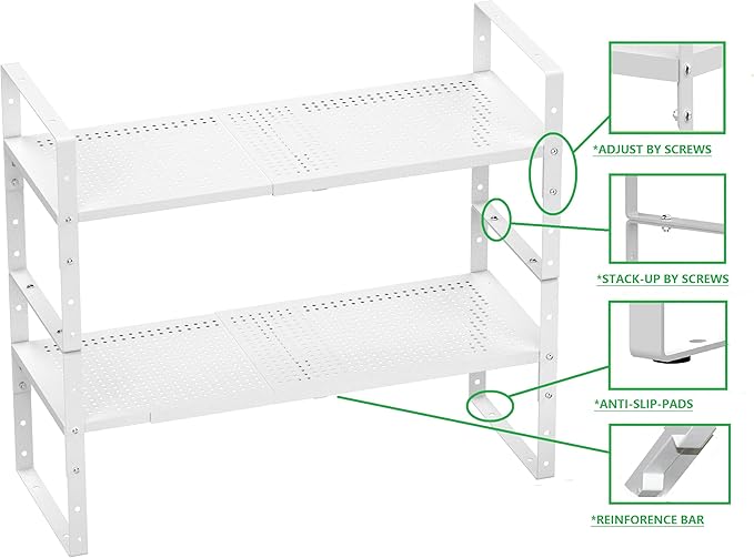 Expandable Shoe Rack Stackable Metal Pantry Storage Shelves Stand Adjustable Height Cabinet Shelf Organizer Racks Spice Shelving(2PACKS/WHITE,LARGE)