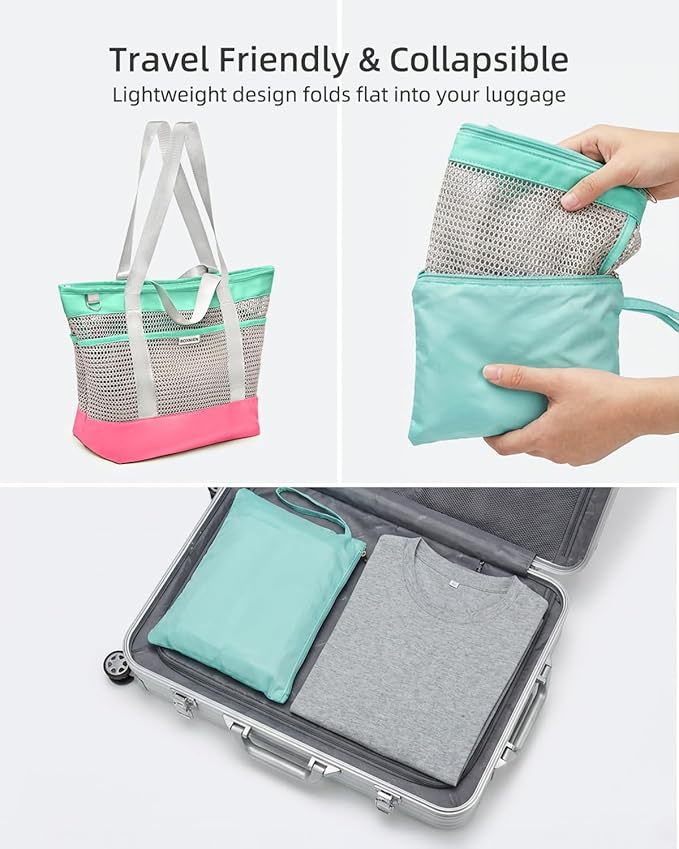 Large Mesh Beach Bag for Women - 28L Oversized Foldable Tote with Waterproof Sandproof Bottom plus Zipper and 7 Pockets Lightweight Packable Pool Bag for Swim Cruise Travel and Vacation
