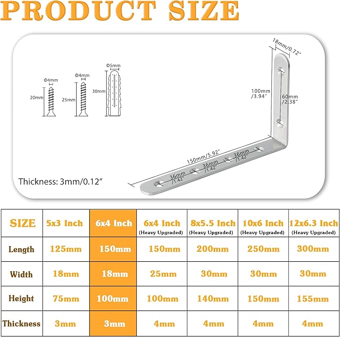 Alise Floating Shelf Brackets,Wall Bracket for Shelves Heavy Duty L Brackets Corner Brace,Stainless Steel Joint Angle Bracket for Wood Board Support Wall Mount,Brushed,6x4 Inch(Pack of 4)
