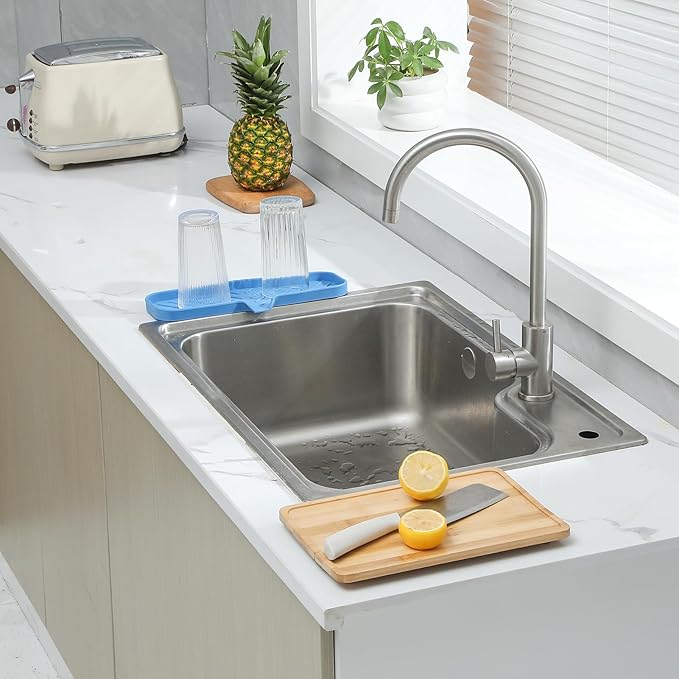 MicoYang Silicone Soap Dish with Drain Spout — Self-Draining Double Sink Organizer Tray for Kitchen & Bath, Dispensers, Sponges & Soap Holder, Non-Slip & Dishwasher Safe, Lichen Blue (Large, 12"×4")