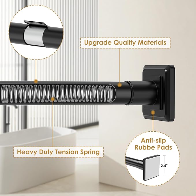 Black Shower Curtain Rod,Spring Tension Curtain Rod 30-76”,No Drill or Screw Installation Shower Rod for Bathroom, Closet, Kitchen with Brackets