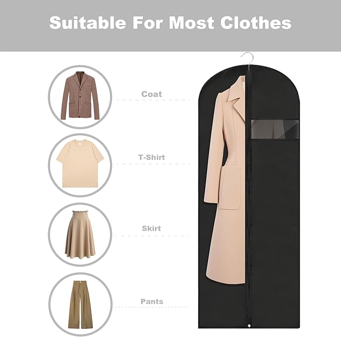 Dress Bags for Gowns Long, 60'' Garment Bags for Hanging Clothes, Suit Bag Cover for Storage and Travel, 2 Pack (Black)