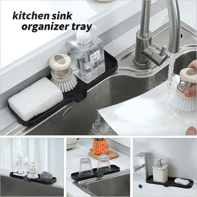 MicoYang Silicone Soap Dish with Drain Spout — Self-Draining Double Sink Organizer Tray for Kitchen & Bathroom, Dispensers, Sponges & Soap Holder, Non-Slip & Dishwasher Safe, Black (Large, 12"×4")