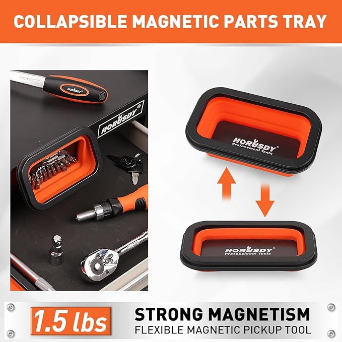 HORUSDY 4 - PIECE Magnetic Pickup Tools Kit | Extendable Telescoping Magnet Pick Up Tool Set 7-30.5” & 5-25” | Bend-It Flexible Magnetic Sweeper | Collapsible Parts Tray for Garage Workshop Yard