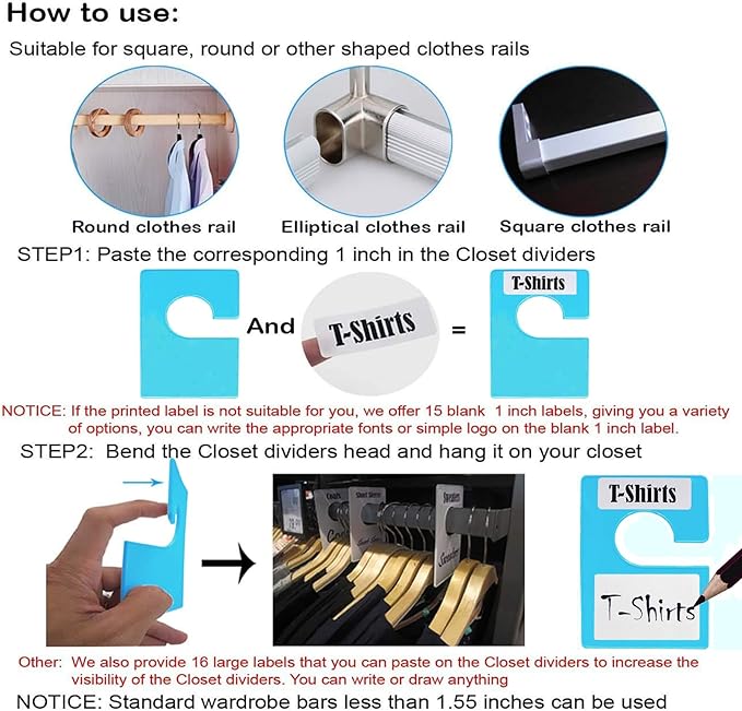 10 Pack White Clothing Rack Size Dividers Plus 45 Labels (1 Inch) and 18 Large Blank Labels, Large Rectangular Clothing Closet Dividers (Blue)