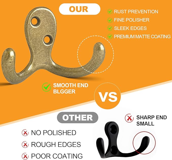 CBWLWJ 10 Pack Coat Hooks Wall Hooks for Hanging, Heavy Duty Double Prong Metal Hook Wall Mounted for Living Room, Bathroom, Kitchen, Bedroom for Coat, Bag, Scarf, Towel, Hat, Key, Cup (Bronze)