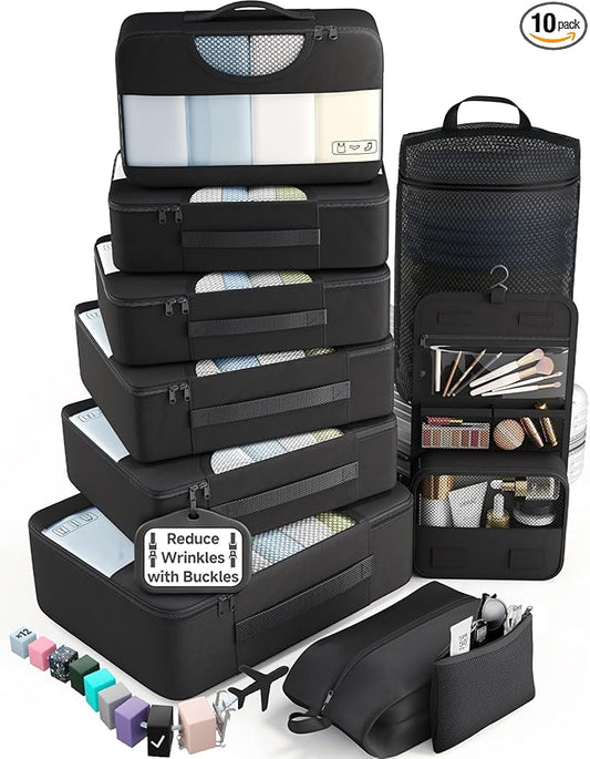 Veken 10 Set Packing Cubes for Travel Essential, Suitcase Organizer Bags in 4 Sizes, Carry-On Luggage Accessories with Large Laundry & Shoes Bag, Must-Have for Airplane, Road Trip & Camping
