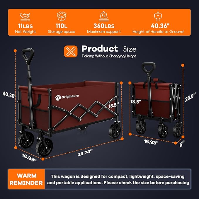 Originsure Collapsible Wagon Cart Foldable - Lightweight Portable Heavy Duty Folding Beach Wagons with Wheels - Outdoor Utility Carts for Grocery, Camping, Shopping, Sports with Large Capacity - Red