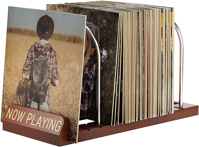 BS-VOG Now Playing Vinyl Record Stand, 50 LP Vinyl Record Storage with Non-slip Grooves, Wood Now Spinning Vinyl Record Holder for Albums Magazine Rack Magazine Organizer Record Display, Gift Package