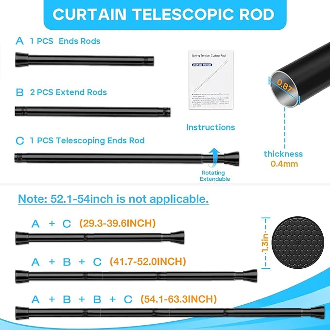 2 Pack Black Tension Curtain Rod 30 to 64 Inch,Adjustable Curtain Rod,Shower Tension Curtain Rod No Drilling,7/8" Spring Curtain Rods for Windows Closet Doorway Door