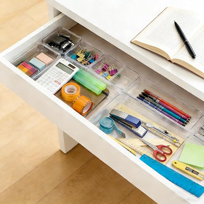 Clear Drawer Organizer Set, 4 Sizes Desk Drawer Divider Organizers Storage Bins for Bathroom,Kitchen,Office,Vanity Organizers Tray for Jewelry (15PACK)