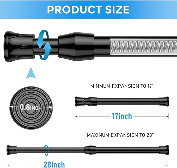 4 Pack Spring Tension Curtain Rod 17 to 28 Inch, DIY Small Curtain Rods No Drill for Window Cupboard Closet Kitchen Cabinets, Black