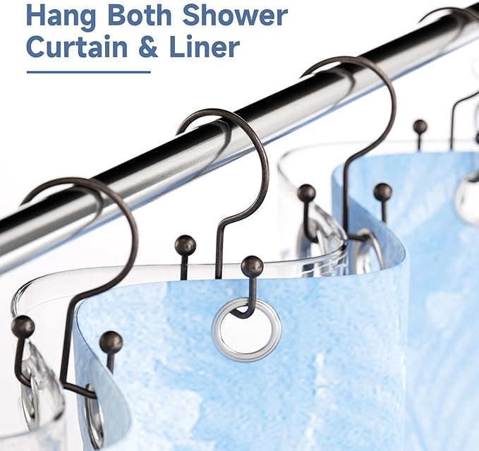 Titanker Shower Curtain Hooks Bronze, Minimalist Simple Double Glide Shower Curtain Rings, Rust Proof Metal Shower Hooks Rings for Bathroom Shower Rods Curtains, Set of 12 Hooks