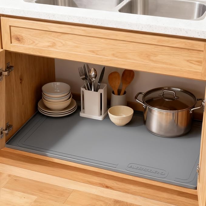 Aisslro Under Sink Mat 25" X 19", Waterproof Silicone Under Sink Mats for Kitchen, Anti-Leak Shelf Liner & Cabinet Protector with Raised Edge, [BPA Free] Bathroom Tray Home Organizer, Gray