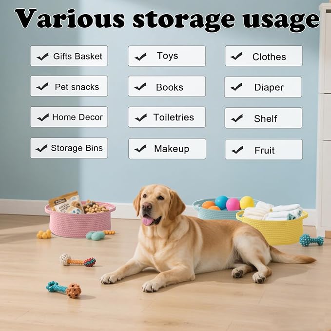 Small Woven Rope Basket-Empty Gifts Basket with Bag and Ribbons,Cute Handle Organizer Box for Birthday/Baby Shower, Toy Storage, Nursery Organizing & Shelf Decor(Pink)