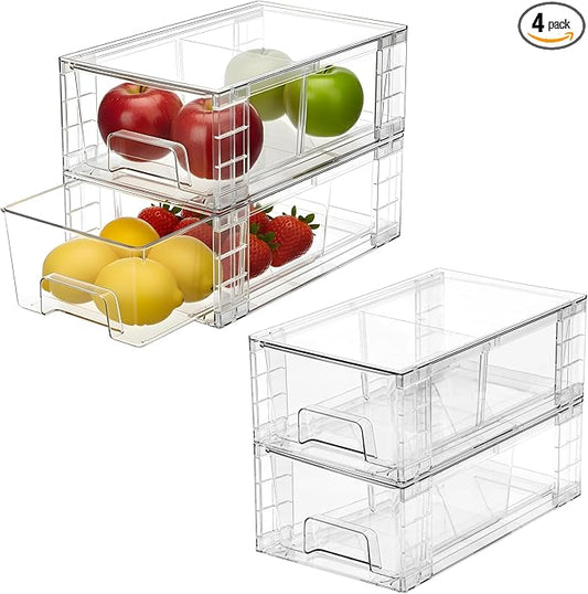 4 Pack Stackable Storage Drawers, Bathroom & Undersink Organizer with Removable Dividers - Acrylic Drawer Organizers with Handles for Fridge, Kitchen Cabinet, Pantry Storage