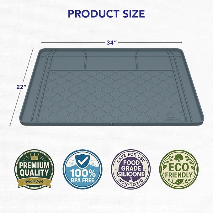Premium Under Sink Mats for Kitchen Waterproof, 34" x 22" (Customizable to Smaller Sizes), Silicone Under Kitchen Sink Mat for Bathroom Cabinets, Holds up to 3.3 Gallons of Liquid – Grey