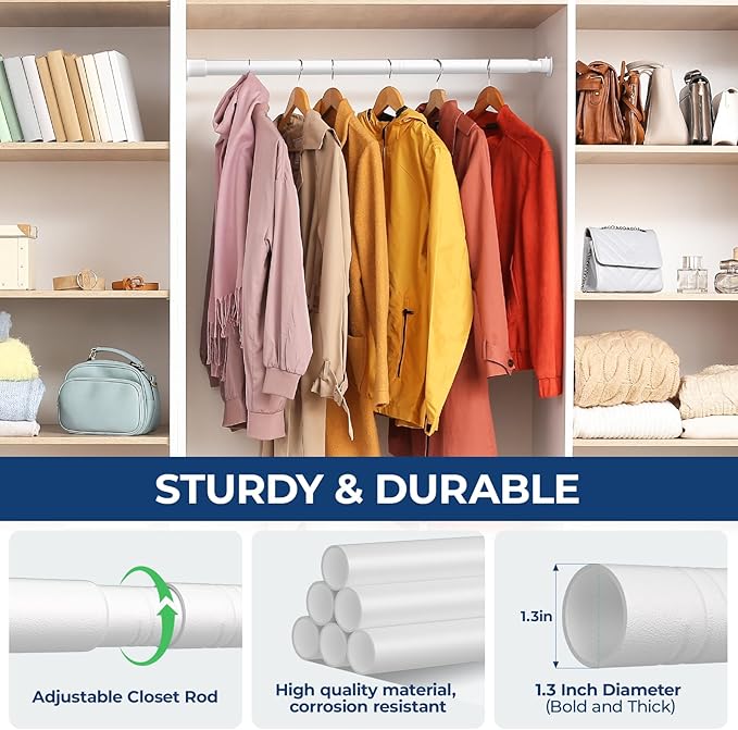 Mavivegue Closet Rod, 17 to 84 Inch Adjustable Closet Rods for Hanging Clothes, White, Hanging Rod for Closet Wardrobes Laundry RV, Bathroom