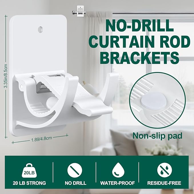 No Drill Curtain Rod Brackets, 8 PCS Self Adhesive Curtain Hooks 20lb, Peel and Stick Wall Hooks, Renter Friendly Upgrades for Apartment, Kitchen, Bathroom, Dorm, Living Room and RV