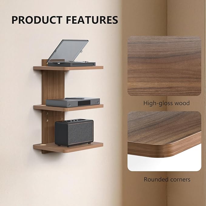 WALI Floating TV Shelf, 3 Tier Projector Shelf for DVD Players, Routers, Game Consoles, Cable Boxes, Living Room Decor Accessories, Wall Mount Shelves Holds Up to 22lbs (CS303N), 3-Shelf, Walnut Brown