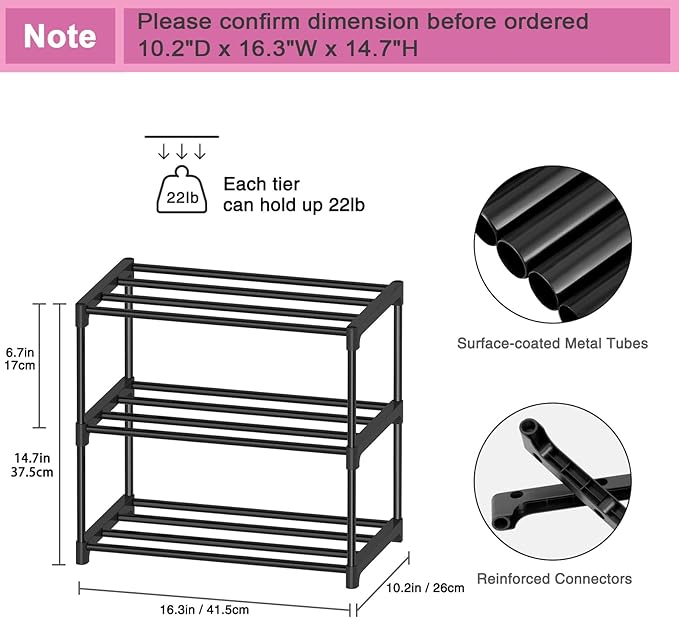 3 Tier Small Shoe Rack, Narrow Stackable Shoe Shelf for Kids Toddler Adult, Lightweight Shoe Rack Stand for Closet Dorm Storage Organizer, Front Door Entrance, Entryway