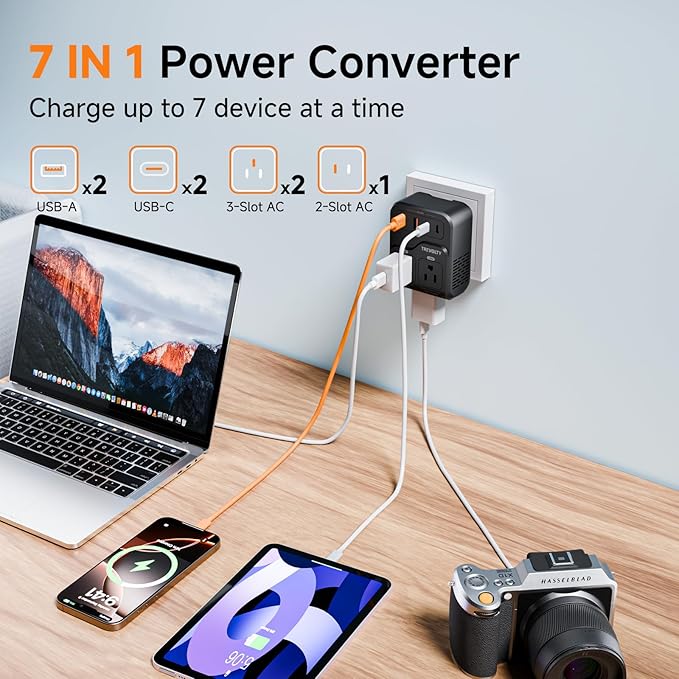 2000W Voltage Converter US to Europe, 220V to 110V Converter for Hair Dryer, 7-in-1 European Travel Plug Adapter with 3AC/2USB-A/2USB-C (PD20W), Travel Essentials (Black) (Black)