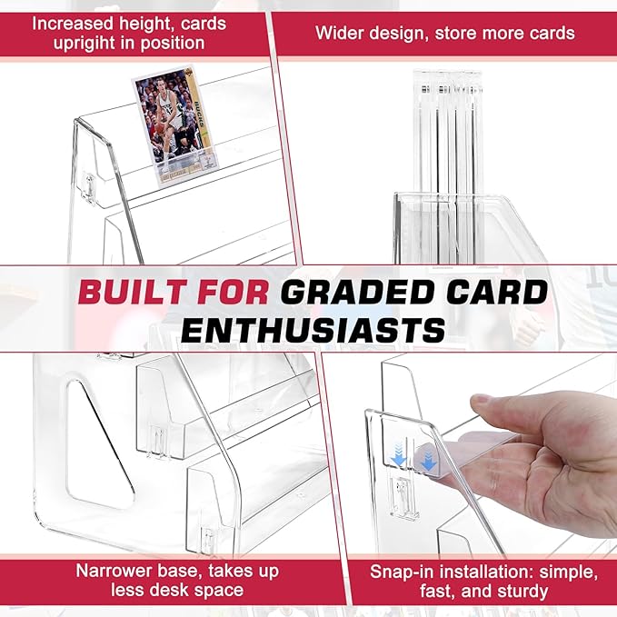 Trading Card Display Stand, Vertical Holder for Baseball Basketball Sports Graded Card Display Stand Tabletop for PSA BGS SGC Slabs, Snap-On Assembly(4 Tier, 1 Pack)