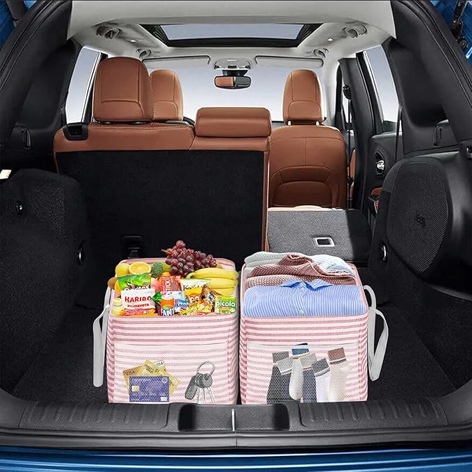 LHZK 2 Pack Utility Tote Bag with Metal Wire Frame and the Sides Rinforced, Large Tote Bag with Handle, Reusable Grocery Bags Foldable, Beach Bag, Car Tote (Pink, 18.5''x11.8''x11.5'')