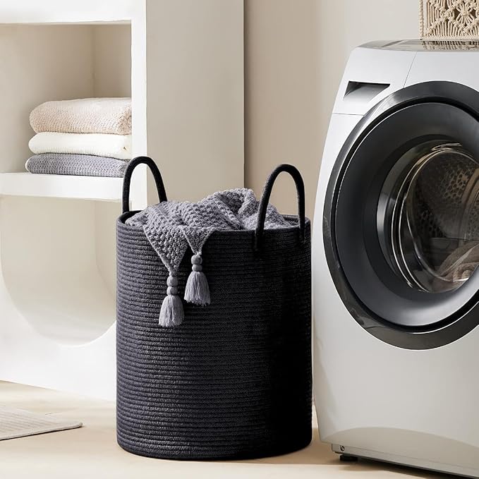 YOUDENOVA Woven Rope Laundry Hamper Basket, 58L Tall Laundry Basket, Baby Nursery Hamper for Blanket Storage in Bedroom-Large- Black