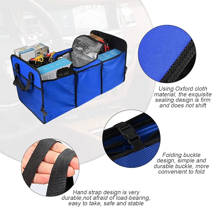 8sanlione Trunk Organizer, Large Capacity Cargo Storage with Insulation Cooler, Foldable for Cars, Vehicles, SUVs, Trucks, Automotive Interior Organizer (Blue)