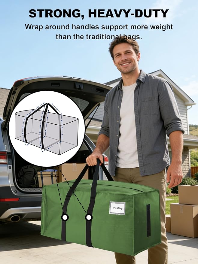 80 Pack Large Strong Moving Bags with Zippers & Carrying Handles - Water-Resistant - Heavy Duty Storage Tote for Space Saving, Fold Flat, Alternative to Moving Box (Olive Green)