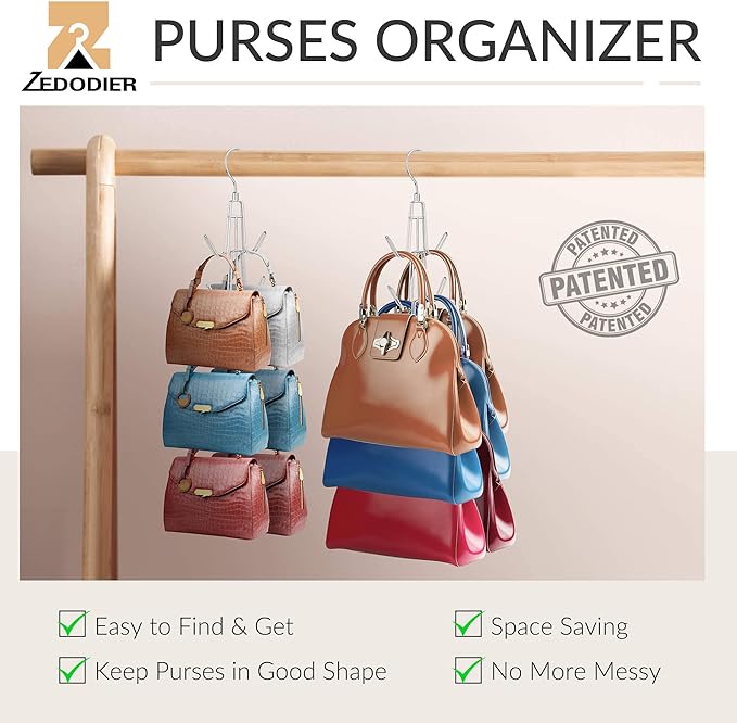 ZEDODIER Purse Organizer for Closet, Heavy-Duty Hanging Purse Hanger Closet Holds Up to 6 Purses, Metal Rotating Space Saving Bag Holder Handbag Storage Hook Backpack Rack, Silver