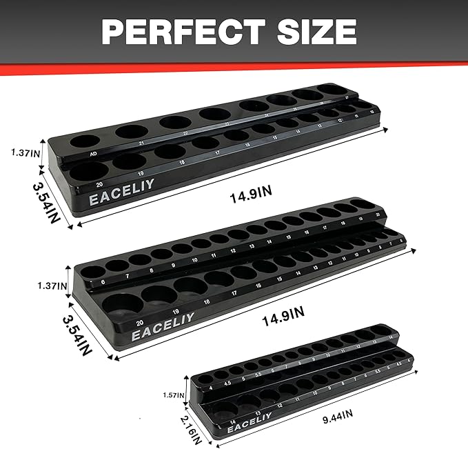 EACELIY 3Pcs 1/2", 1/4" and 3/8" Magnetic Socket Organizer Set,Metric Socket Holder Kit, Socket Trays，holds 75 Deep and Shallow 3/8" Sockets(sockets not included)