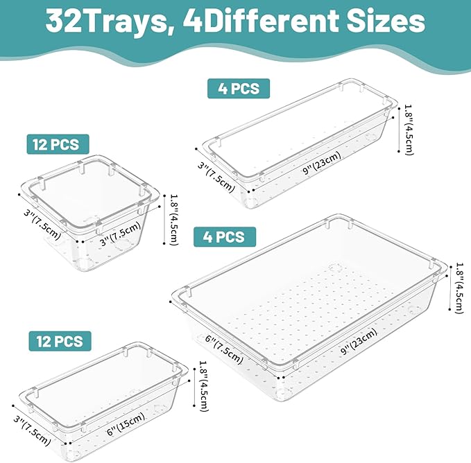 WOWBOX 32 PCS Clear Plastic Drawer Organizer Set, 4 Sizes Desk Drawer Organization and Storage Containers for Makeup, Cosmetics, Jewelry and Gadgets in Kitchen, Bathroom, Bedroom, Office, Clear