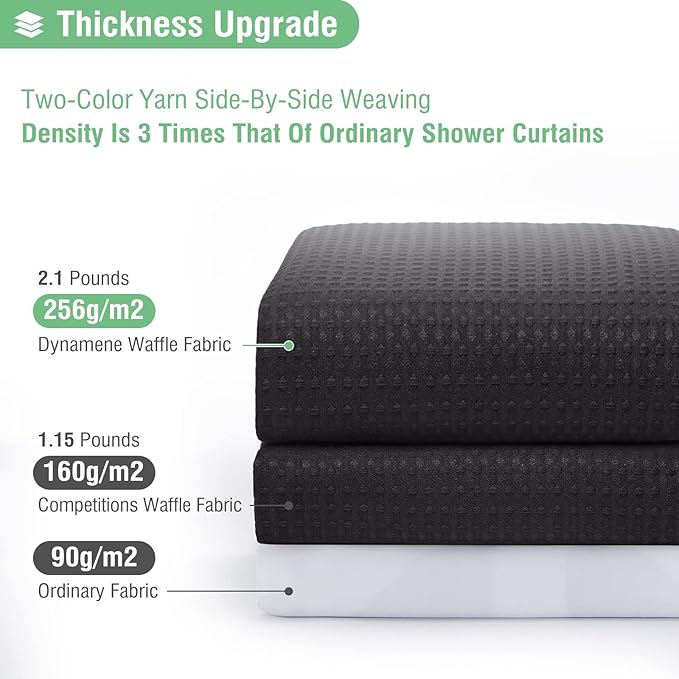 Dynamene Extra Wide Shower Curtain - 180 Inch Wide Waffle Weave Weighted Thick Cloth Bathroom Shower Curtain, Neutral Heavy Duty Hotel Bath Curtain Set with 32 Plastic Hooks,180x72, Black