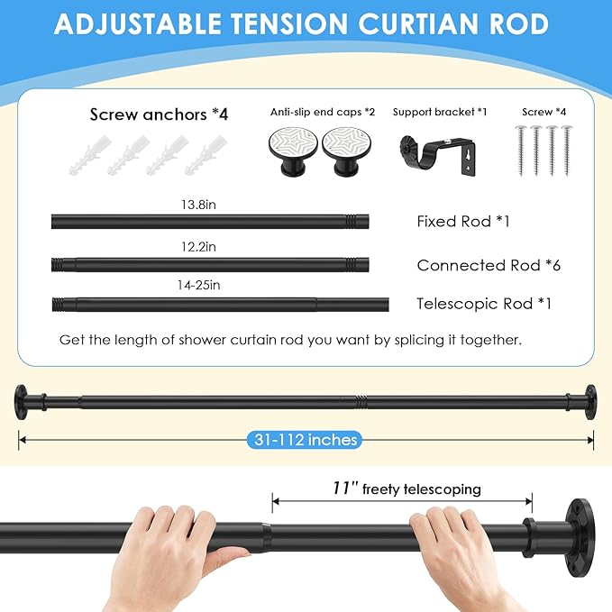 Long Tension Curtain Rod 31-112 inch Black Shower Curtain Rods for Adjustable Outdoor Curtain Rods for Windows Spring Rod No Drilling Or Screw Mount Install Non Slip, No Rust