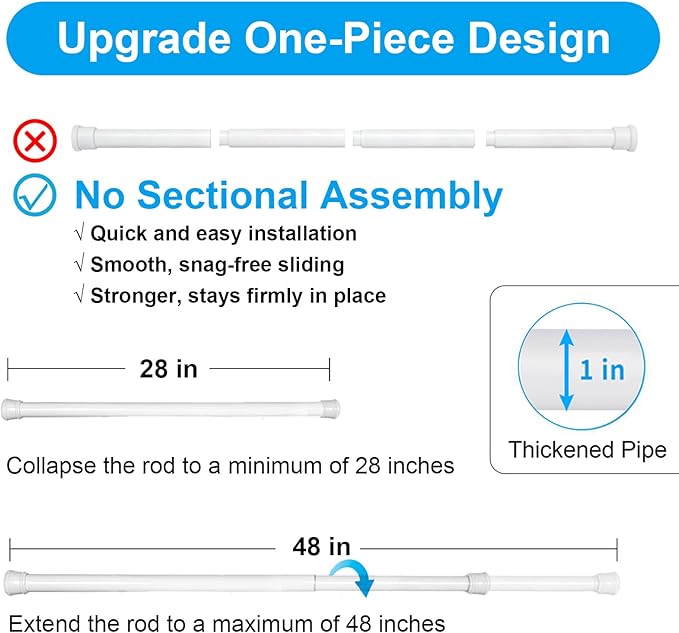 No Sectional Assembly Shower Curtain Rod 28-48 Inch, 1" Diameter Spring Long Adjustable Tension Curtain Rods for Bathroom Windows Closet No Drilling No Rust, White