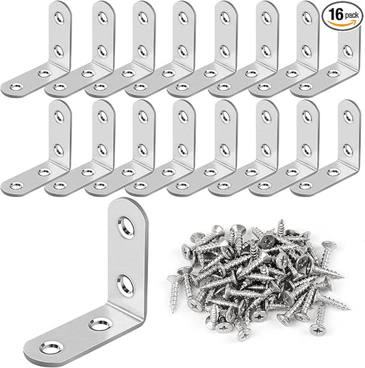 16 Pcs L Bracket Stainless Steel Corner Brace Sets, 90 Degree Right Angle Brackets with 64 Pcs Screws, L Bracket Firmware for Wooden Shelves, Chairs, Tables, Dressers, Furniture (Silver)