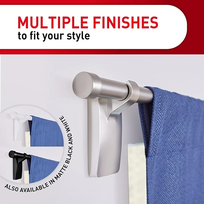Command 10 lb Satin Nickel Curtain Rod Hooks, 2 Hangers and 4 Strips, No Drilling Home Decor and Room Decor, Use with Rod Diameters 0.5-0.75"